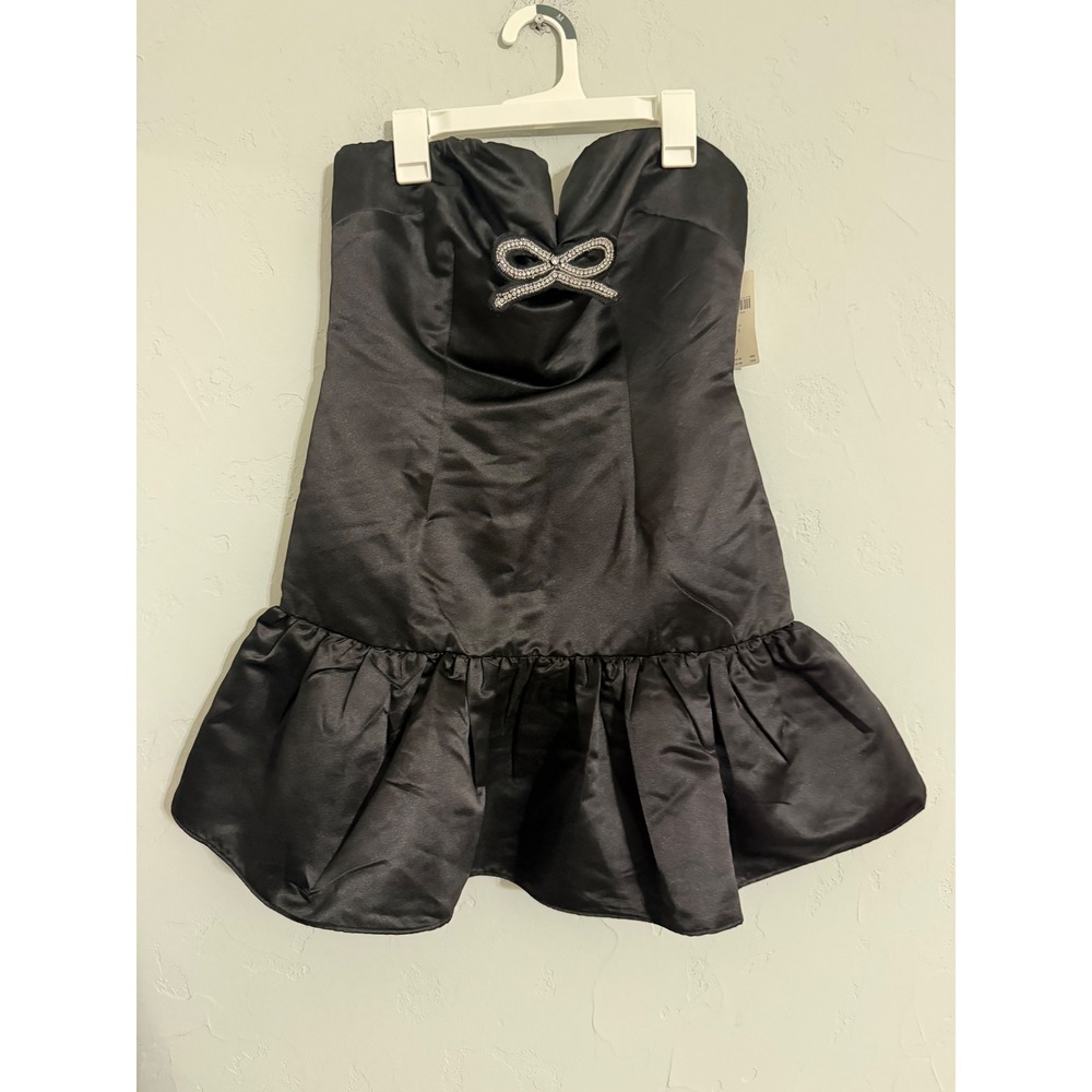 Maeve by Anthropologie‎ Black Satin Strapless Rhinestone Bow Bubble Hem Dress S